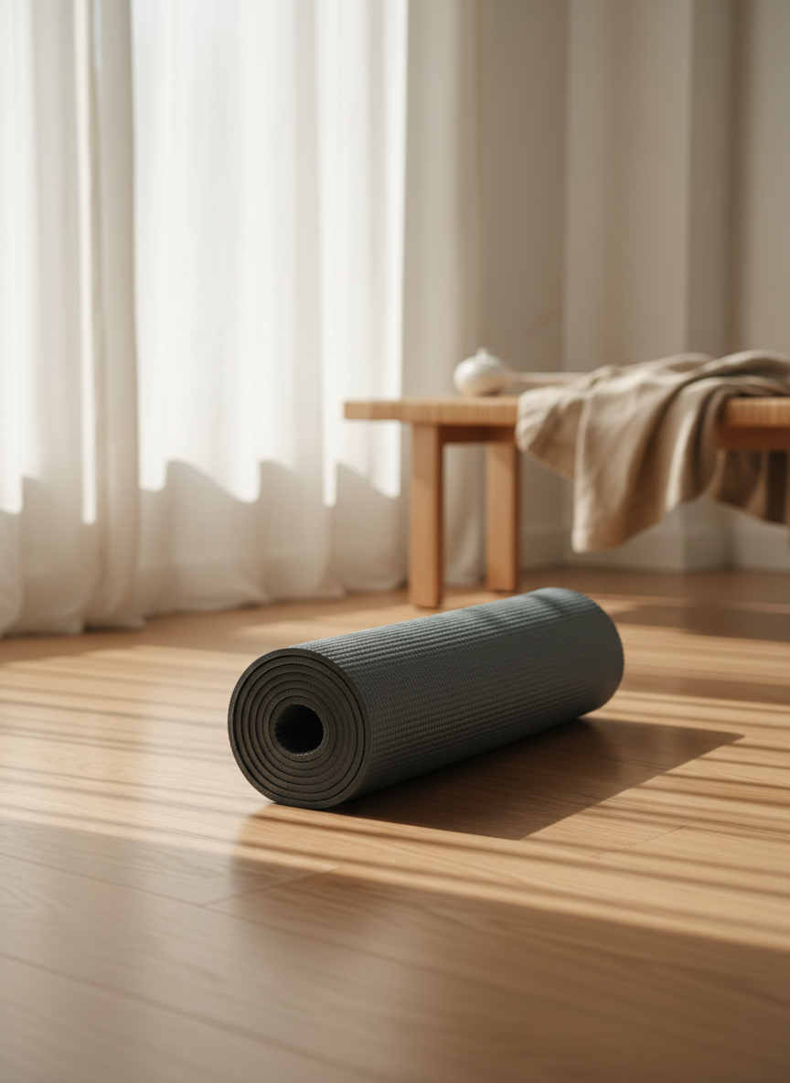 A neatly rolled slate-gray yoga mat with a finely textured surface rests on smooth, pale oak flooring in a minimalist living room. A low, natural wood bench holds a single ceramic incense holder and a folded linen blanket in muted sand tones. Soft morning light enters through sheer ivory curtains, casting gentle, elongated shadows and a subtle glow across the mat. The air feels calm and uncluttered, with no visible technology or distractions. Photographic realism, shot at eye level with a slight angle, using shallow depth of field so the mat is in crisp focus while the background melts into a soft blur, creating a sophisticated, serene atmosphere ideal for private online yoga practice.