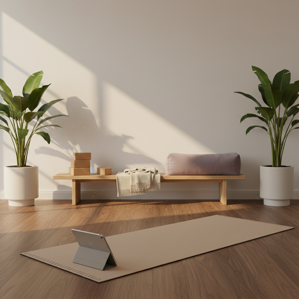A tranquil corner of a home transformed into a refined yoga sanctuary: an unrolled soft beige mat with stitched edges lies on warm walnut flooring, framed by two tall, leafy indoor plants in matte white planters. Against a smooth off-white wall, a low shelf holds neatly stacked cork yoga blocks, a folded organic-cotton blanket, and a muted lavender bolster. A slim tablet rests on a discrete stand at the mat’s front, its lit screen indistinct but softly glowing. Golden hour light pours in from an unseen window, creating gentle gradients of light and shadow. Photographic realism, wide-angle lens, composed using the rule of thirds, conveying sophisticated calm and the intimacy of private online yoga practice.