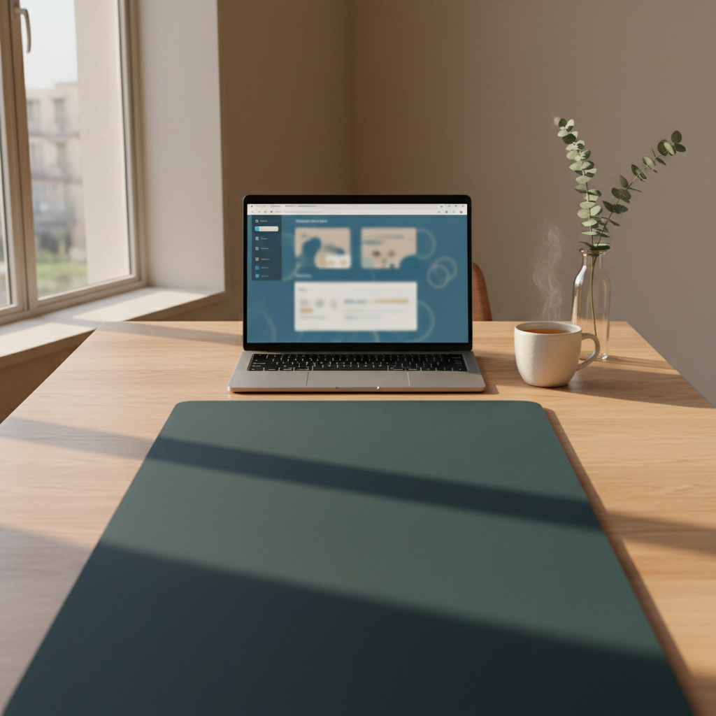 An open laptop with a thin, elegant design sits on a clean, light-wood desk, its screen displaying a softly blurred yoga interface of calming blues and creams. In front of the laptop lies an unrolled, dark teal yoga mat with a matte finish, perfectly aligned with the edge of the desk. A minimalist ceramic cup of herbal tea and a single sprig of eucalyptus in a slim glass vase add refined touches. Late afternoon natural light streams from a side window, creating delicate reflections on the laptop and subtle shadows across the mat. Photographic realism, captured from a slightly elevated angle, balanced composition, evoking a sophisticated, tranquil space dedicated to private online yoga sessions.
