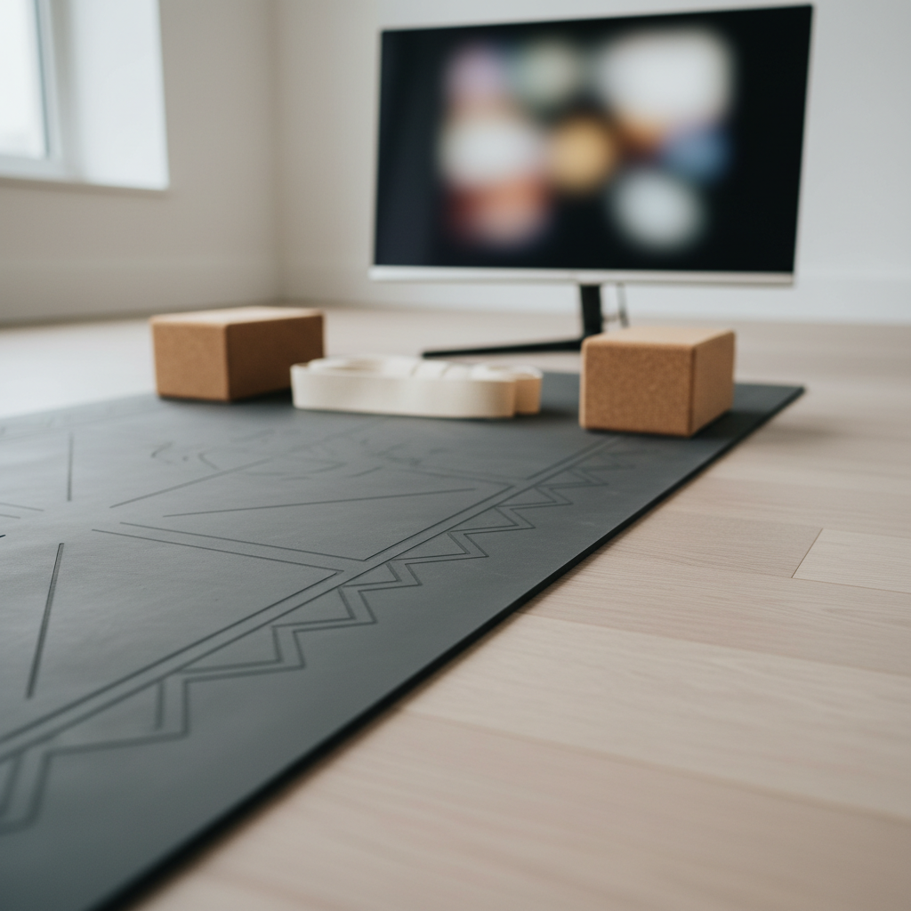 A close-up, photographic realism shot of a carefully arranged yoga setup for a private online class: a charcoal-gray mat with subtle geometric embossing stretches diagonally across light ash wood flooring. At the top of the mat, a pair of natural cork blocks and a rolled cream-colored cotton strap are placed with deliberate symmetry. Just beyond, a sleek, ultra-thin monitor on a minimalist stand glows softly, its content out of focus to preserve privacy. Diffused overcast daylight enters from the side, creating soft, even illumination with almost no harsh shadows. Shot from a low, slightly angled perspective, with a shallow depth of field that makes the textures of the mat and cork blocks incredibly tactile, evoking a composed, sophisticated atmosphere.