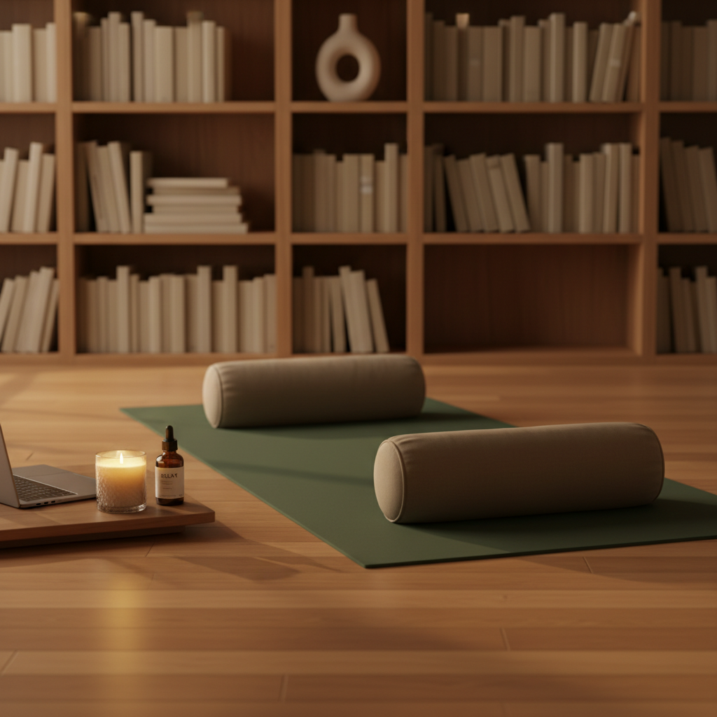 A serene evening yoga space prepared for a restorative online session: a deep moss-green mat lies centered on honey-toned wooden flooring, with a long cylindrical bolster in muted taupe resting at one end. A small, low table nearby supports a closed laptop, a lit soy candle in a frosted glass holder, and a dark amber essential oil bottle. Warm lamplight from an unseen floor lamp bathes the scene in a soft, golden glow, subtly reflecting off the wood and creating gentle, calming shadows. The background shows a simple, elegant bookcase with neatly arranged neutral-toned books and a single ceramic sculpture, softly blurred. Photographic realism, eye-level composition, capturing a sophisticated, cozy, and deeply peaceful mood.