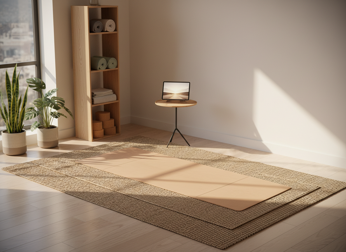 A luxurious home yoga nook dedicated to ongoing private practice: an extra-thick sand-colored mat with beveled edges lies atop a natural jute rug, giving layered texture underfoot. A tall, narrow shelving unit in light oak displays neatly rolled mats in slate, sage, and cream, alongside stacked cork blocks and folded linen blankets in harmonious neutral tones. On a small side table, a tablet rests on a slim metal stand, screen softly aglow. Late afternoon sunlight streams diagonally across the room, highlighting the fibers of the rug and casting elegant, elongated shadows from the shelving. Photographic realism, wide-angle shot with gentle vignetting at the corners, creating a sophisticated, curated atmosphere ideal for regular online yoga sessions.