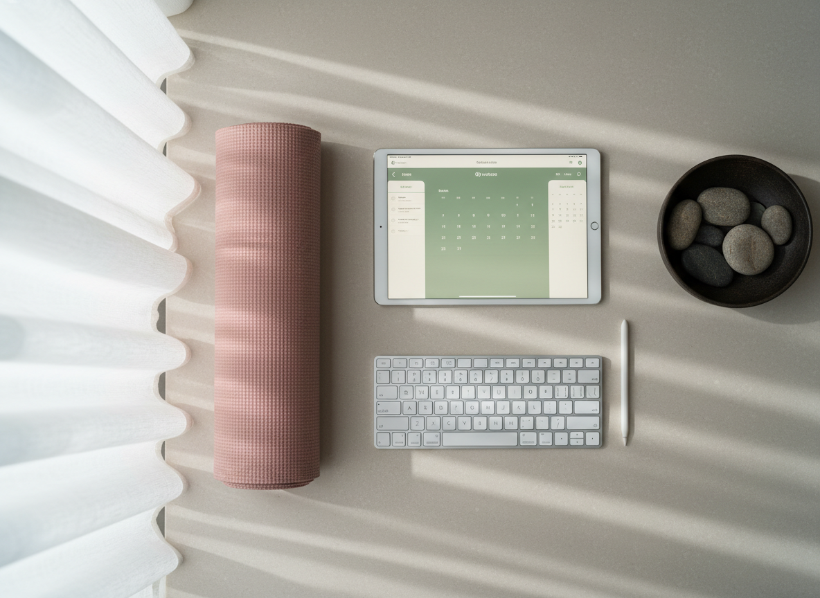 A meticulously arranged desktop scene designed for scheduling private online yoga classes: a slim wireless keyboard and stylus sit beside an open tablet displaying a softly blurred calendar interface in muted sage and cream tones. A closed rolled yoga mat in dusty rose leans elegantly against the desk, its fine fabric texture clearly visible. The desk surface is a smooth, light stone, contrasted by a single dark ceramic bowl holding polished river stones. Soft daylight filters through a nearby window with sheer curtains, creating refined reflections and delicate shadows. Photographic realism, shot from a top-down, bird’s eye perspective with sharp focus across the frame, conveying organization, clarity, and the sophisticated planning behind a personalized yoga routine.