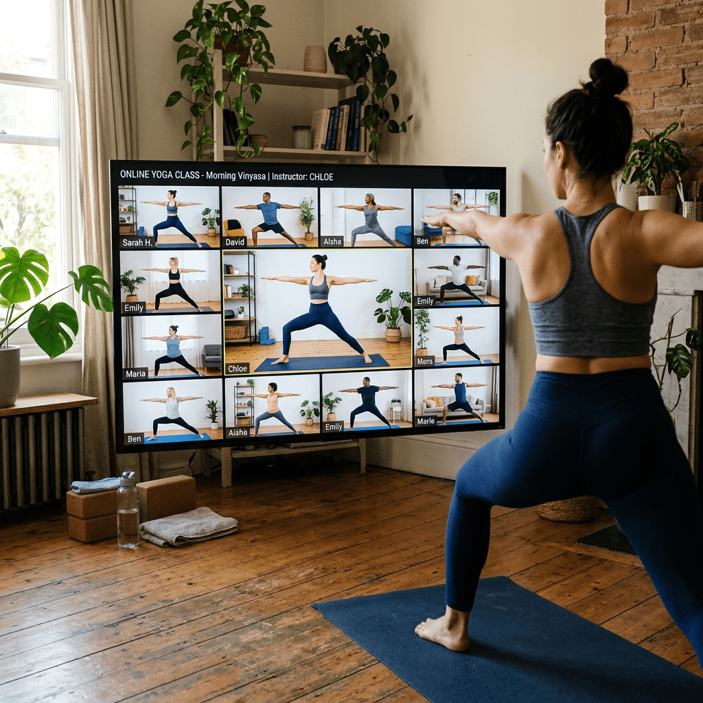 Woman doing yoga at home following an online group yoga class on a large TV screen